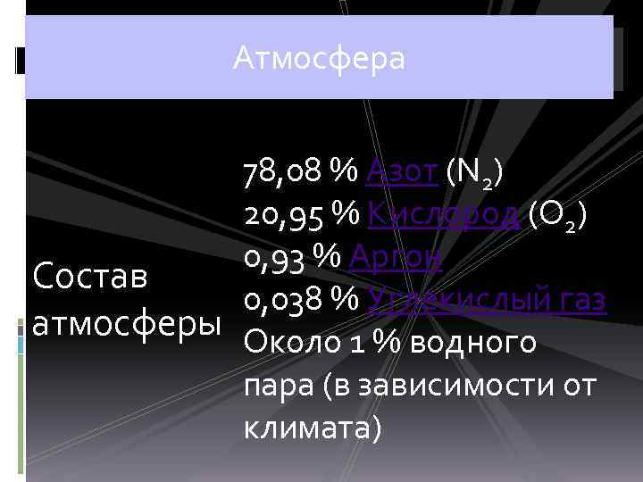 Атмосфера 78, 08 % Азот (N 2) 20, 95 % Кислород (O 2) 0,