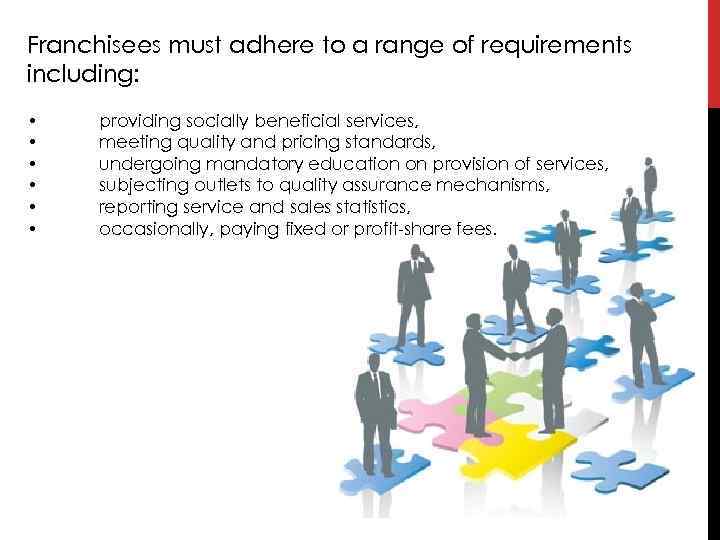 Franchisees must adhere to a range of requirements including: • • • providing socially