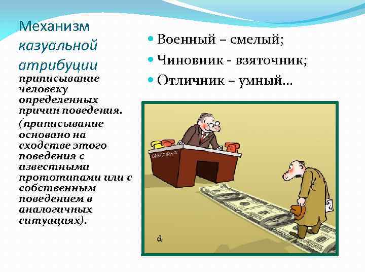 Механизм казуальной атрибуции приписывание человеку определенных причин поведения. (приписывание основано на сходстве этого поведения