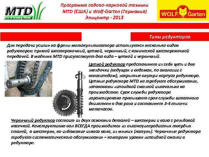 Программа садово-парковой техники MTD (США) и Wolf-Garten (Германия) Эпицентр - 2013 Типы редукторов Для