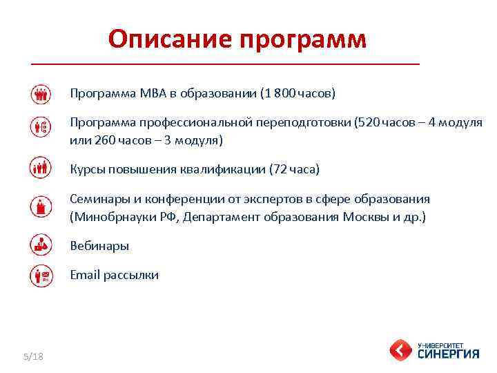 Описание программ Программа МBA в образовании (1 800 часов) Программа профессиональной переподготовки (520 часов