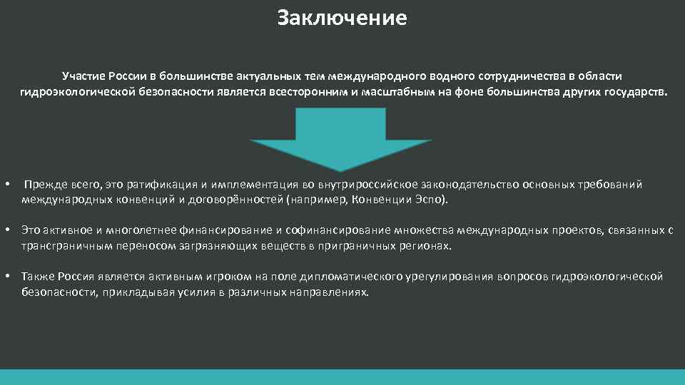 Заключение Участие России в большинстве актуальных тем международного водного сотрудничества в области гидроэкологической безопасности