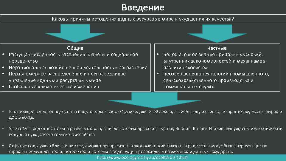 Введение Каковы причины истощения водных ресурсов в мире и ухудшения их качества? • •