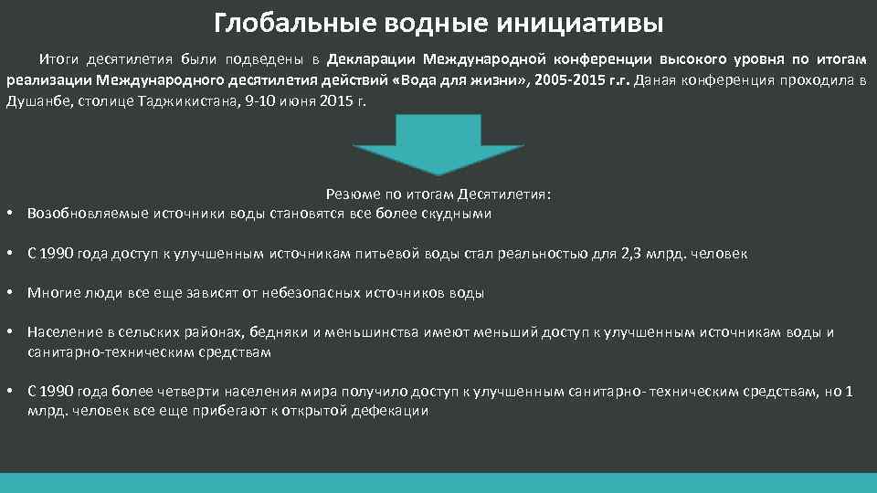 Глобальные водные инициативы Итоги десятилетия были подведены в Декларации Международной конференции высокого уровня по