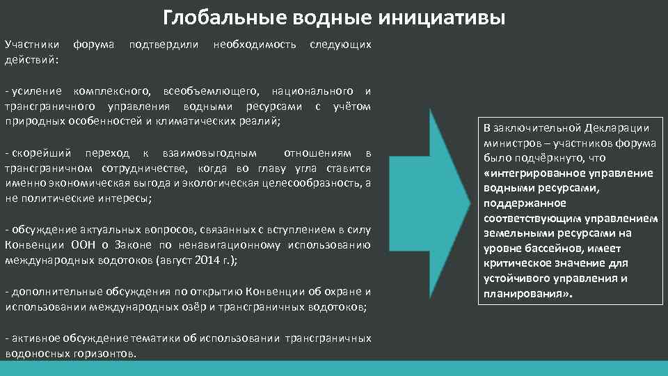 Глобальные водные инициативы Участники форума подтвердили необходимость следующих действий: - усиление комплексного, всеобъемлющего, национального