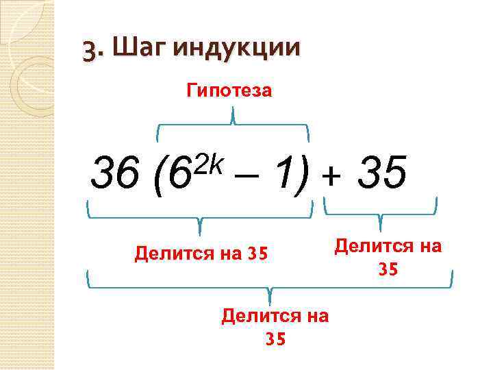 3. Шаг индукции Гипотеза 36 2 k (6 – 1) + 35 Делится на
