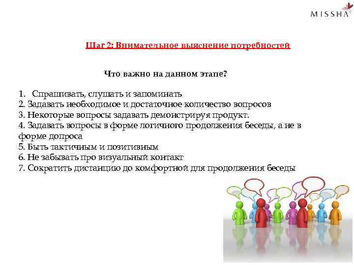 Шаг 2: Внимательное выяснение потребностей Что важно на данном этапе? 1. Спрашивать, слушать и