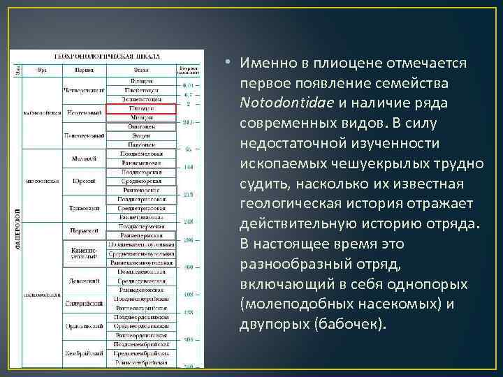  • Именно в плиоцене отмечается первое появление семейства Notodontidae и наличие ряда современных