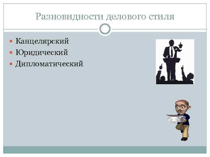 Разновидности делового стиля Канцелярский Юридический Дипломатический 