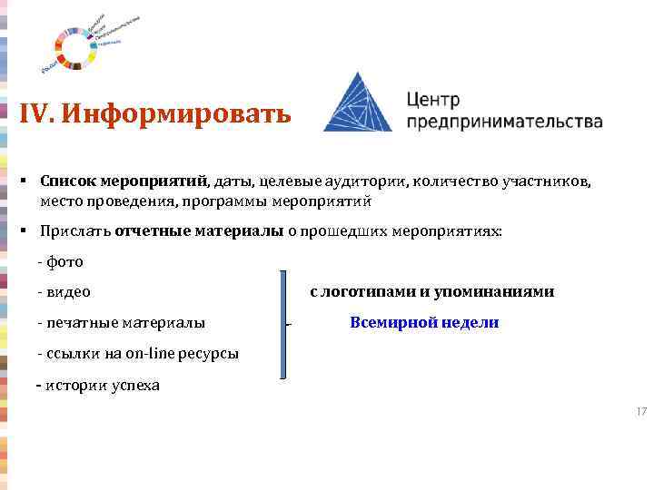 IV. Информировать § Список мероприятий, даты, целевые аудитории, количество участников, место проведения, программы мероприятий