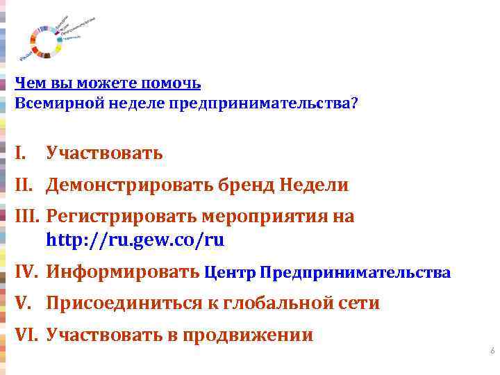 Чем вы можете помочь Всемирной неделе предпринимательства? I. Участвовать II. Демонстрировать бренд Недели III.