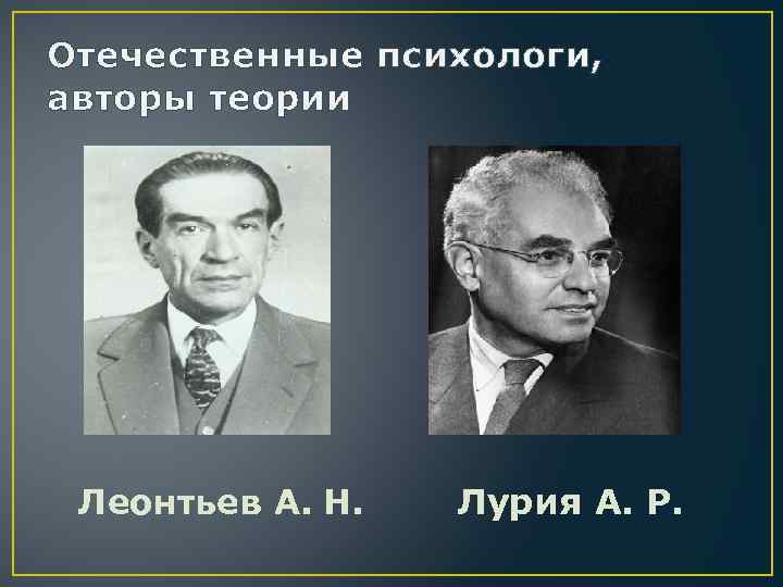 Отечественные психологи, авторы теории Леонтьев А. Н. Лурия А. Р. 