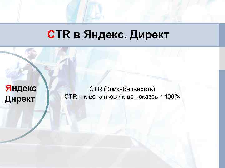 CTR в Яндекс. Директ Яндекс Директ CTR (Кликабельность) CTR = к-во кликов / к-во