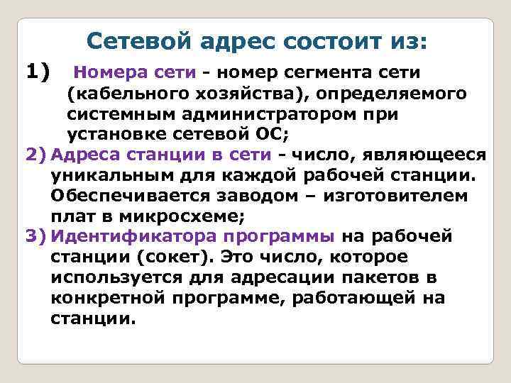 Сетевой адрес состоит из: 1) Номера сети - номер сегмента сети (кабельного хозяйства), определяемого