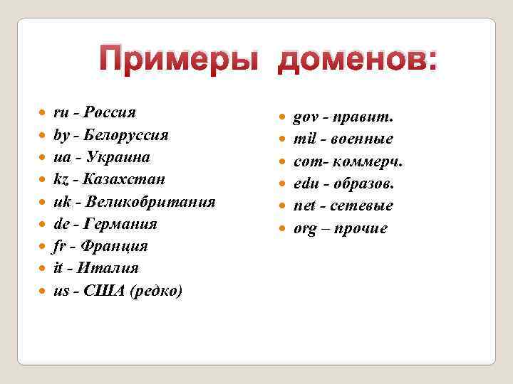 Примеры доменов: ru - Россия by - Белоруссия ua - Украина kz - Казахстан