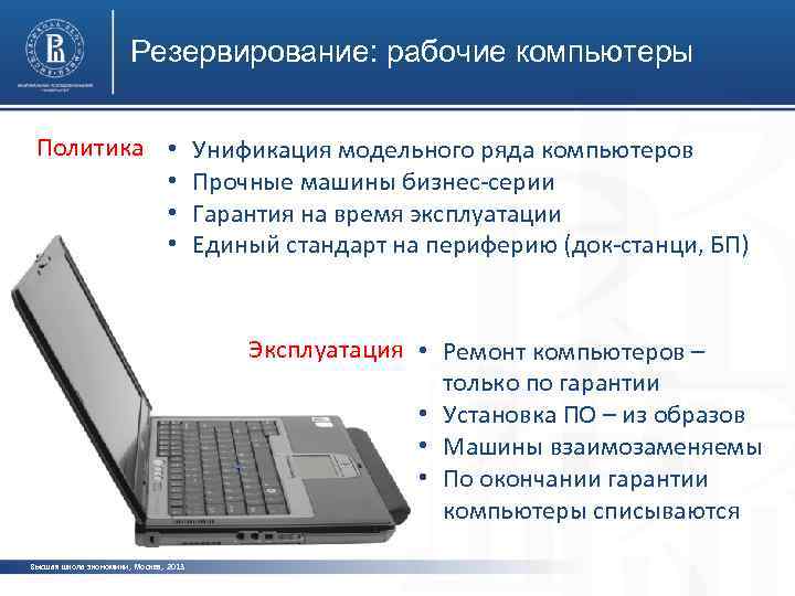 Резервирование: рабочие компьютеры Политика • • Унификация модельного ряда компьютеров Прочные машины бизнес-серии Гарантия