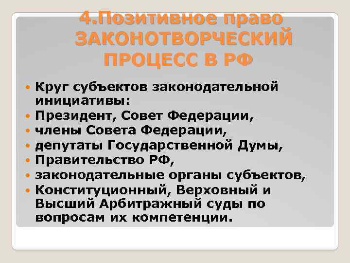 4. Позитивное право ЗАКОНОТВОРЧЕСКИЙ ПРОЦЕСС В РФ Круг субъектов законодательной инициативы: Президент, Совет Федерации,