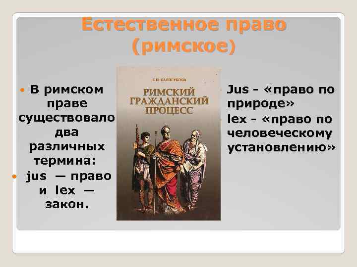 Естественное право (римское) В римском праве существовало два различных термина: jus — право и