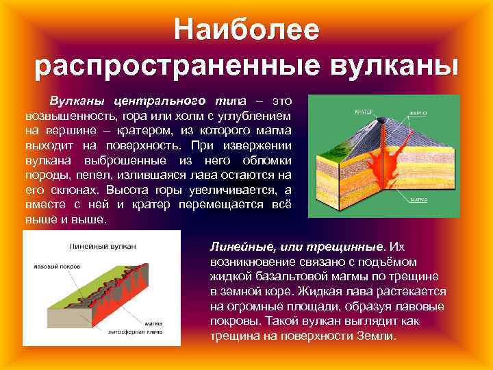 Наиболее распространенные вулканы Вулканы центрального типа – это возвышенность, гора или холм с углублением