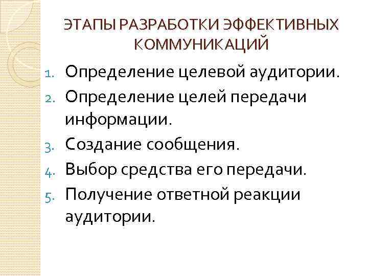 ЭТАПЫ РАЗРАБОТКИ ЭФФЕКТИВНЫХ КОММУНИКАЦИЙ 1. 2. 3. 4. 5. Определение целевой аудитории. Определение целей