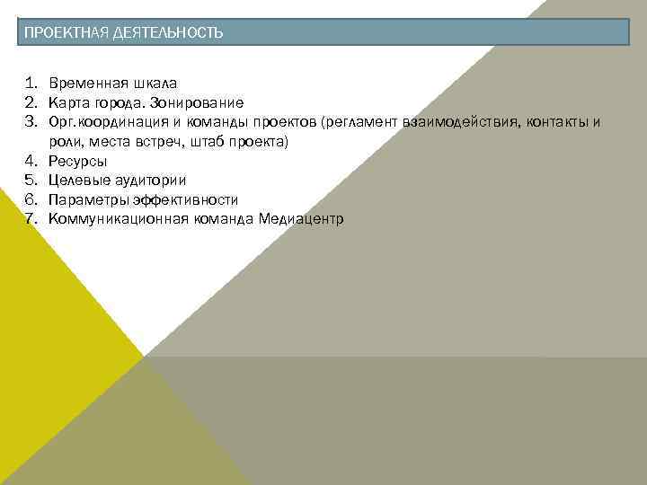 ПРОЕКТНАЯ ДЕЯТЕЛЬНОСТЬ 1. Временная шкала 2. Карта города. Зонирование 3. Орг. координация и команды