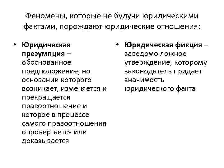 Феномены, которые не будучи юридическими фактами, порождают юридические отношения: • Юридическая презумпция – обоснованное