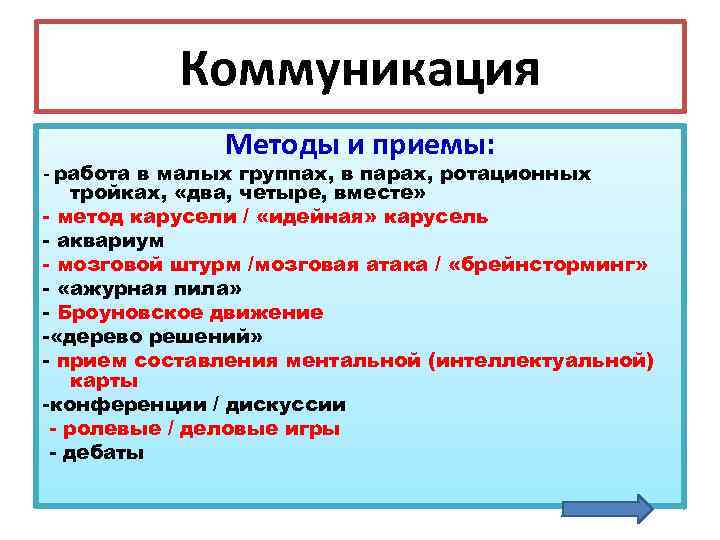 Коммуникация Методы и приемы: - работа в малых группах, в парах, ротационных тройках, «два,