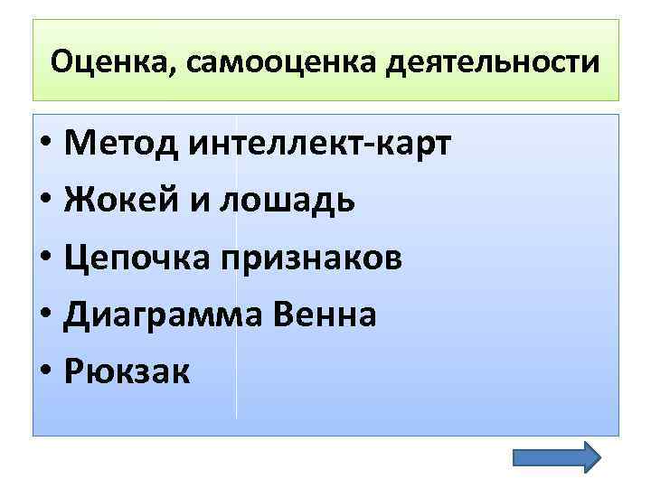 Оценка, самооценка деятельности • Метод интеллект-карт • Жокей и лошадь • Цепочка признаков •