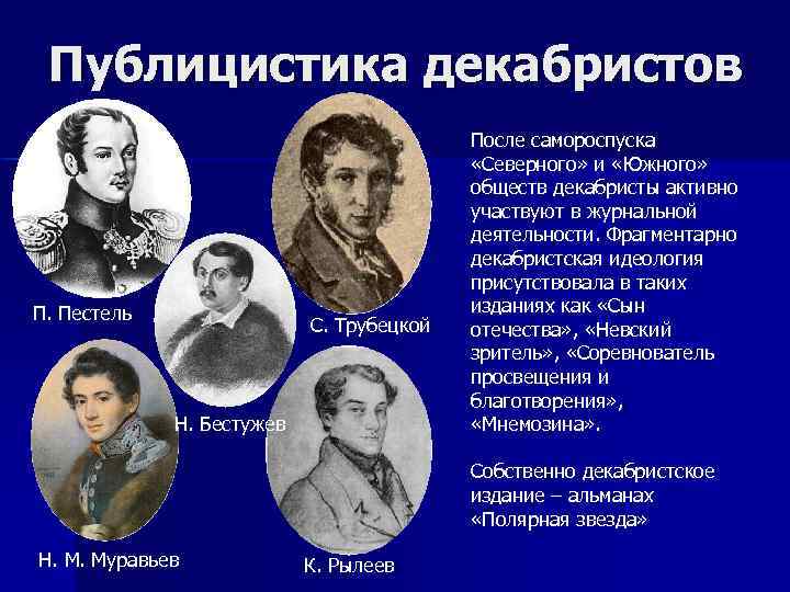 Публицистика декабристов П. Пестель С. Трубецкой Н. Бестужев После самороспуска «Северного» и «Южного» обществ