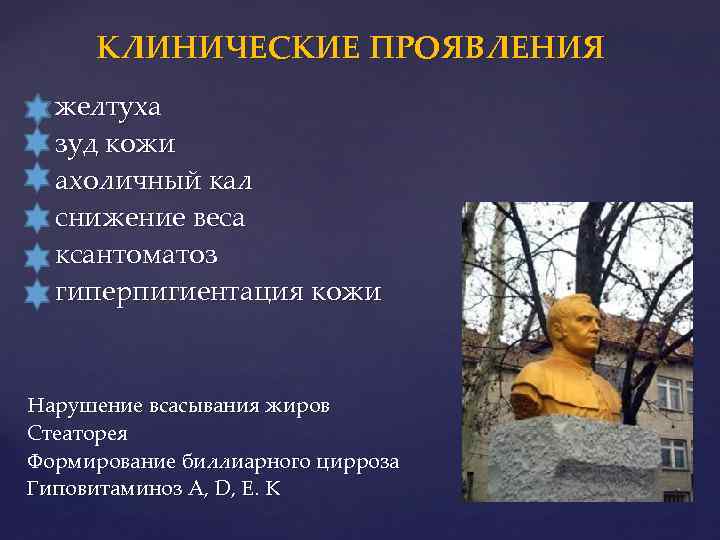 КЛИНИЧЕСКИЕ ПРОЯВЛЕНИЯ желтуха зуд кожи ахоличный кал снижение веса ксантоматоз гиперпигиентация кожи Нарушение всасывания