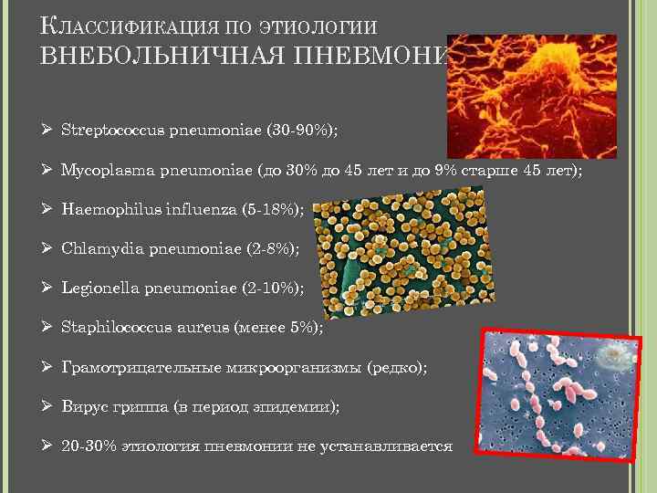 КЛАССИФИКАЦИЯ ПО ЭТИОЛОГИИ ВНЕБОЛЬНИЧНАЯ ПНЕВМОНИЯ Ø Streptococcus pneumoniae (30 -90%); Ø Mycoplasma pneumoniae (до