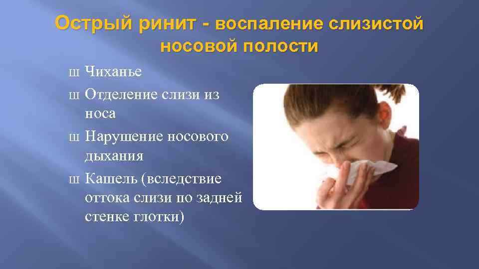 Острый ринит - воспаление слизистой носовой полости Ш Ш Чиханье Отделение слизи из носа