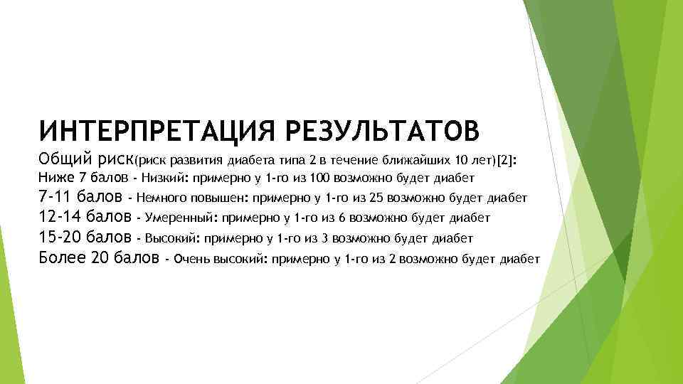 ИНТЕРПРЕТАЦИЯ РЕЗУЛЬТАТОВ Общий риск(риск развития диабета типа 2 в течение ближайших 10 лет)[2]: Ниже