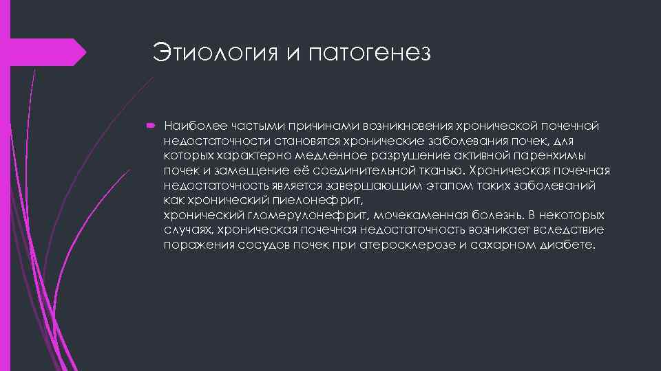 Этиология и патогенез Наиболее частыми причинами возникновения хронической почечной недостаточности становятся хронические заболевания почек,
