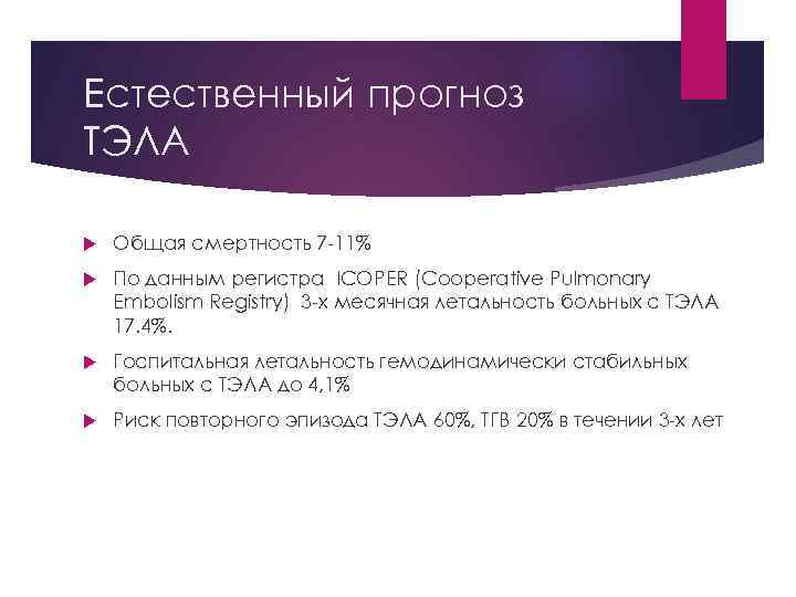 Естественный прогноз ТЭЛА Общая смертность 7 -11% По данным регистра ICOPER (Cooperative Pulmonary Embolism