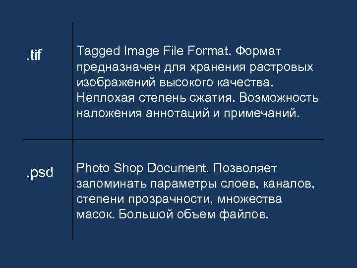 . tif Tagged Image File Format. Формат предназначен для хранения растровых изображений высокого качества.