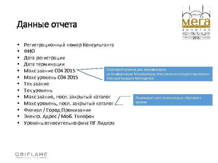 Данные отчета • • • • Регистрационный номер Консультанта ФИО Дата регистрации Дата терминации