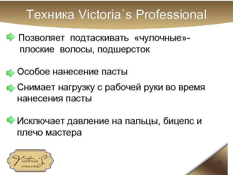 Техника Victoria`s Professional Позволяет подтаскивать «чулочные» - плоские волосы, подшерсток Особое нанесение пасты Снимает