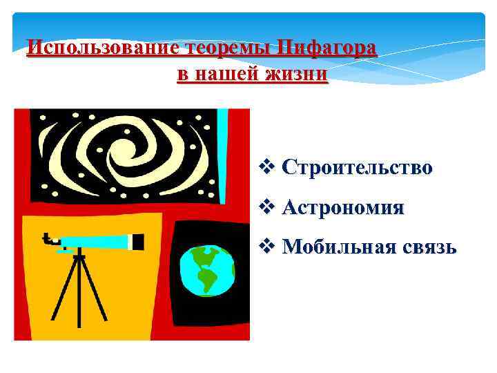 Использование теоремы Пифагора в нашей жизни v Строительство v Астрономия v Мобильная связь 