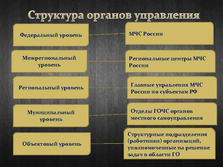 Структура органов управления Федеральный уровень Межрегиональный уровень МЧС России Региональные центры МЧС России Региональный