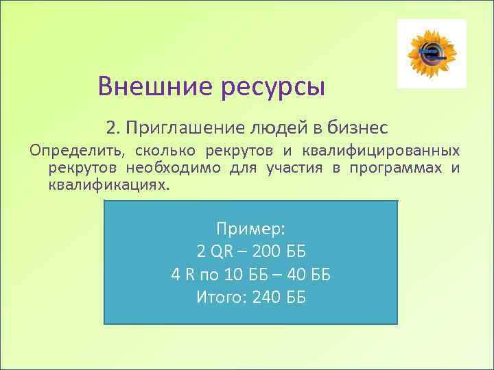 Внешние ресурсы 2. Приглашение людей в бизнес Определить, сколько рекрутов и квалифицированных рекрутов необходимо