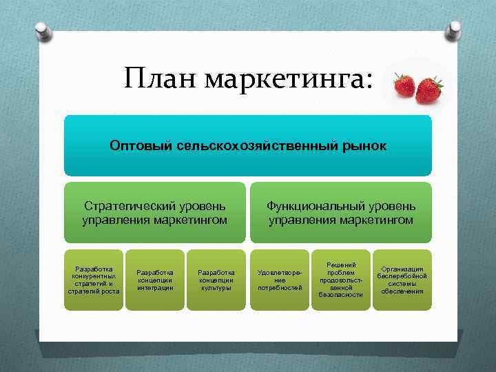 План маркетинга: Оптовый сельскохозяйственный рынок Стратегический уровень управления маркетингом Разработка конкурентных стратегий и стратегий