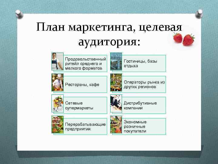 План маркетинга, целевая аудитория: Продовольственный ритейл среднего и мелкого форматов Гостиницы, базы отдыха Рестораны,