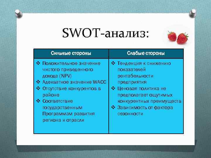 SWOT-анализ: Сильные стороны Слабые стороны v Положительное значение v Тенденция к снижению чистого приведенного