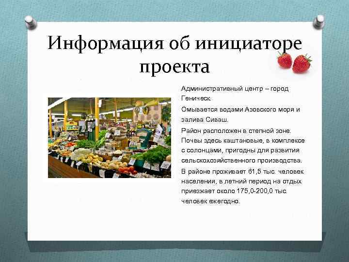 Информация об инициаторе проекта Административный центр – город Геническ. Омывается водами Азовского моря и