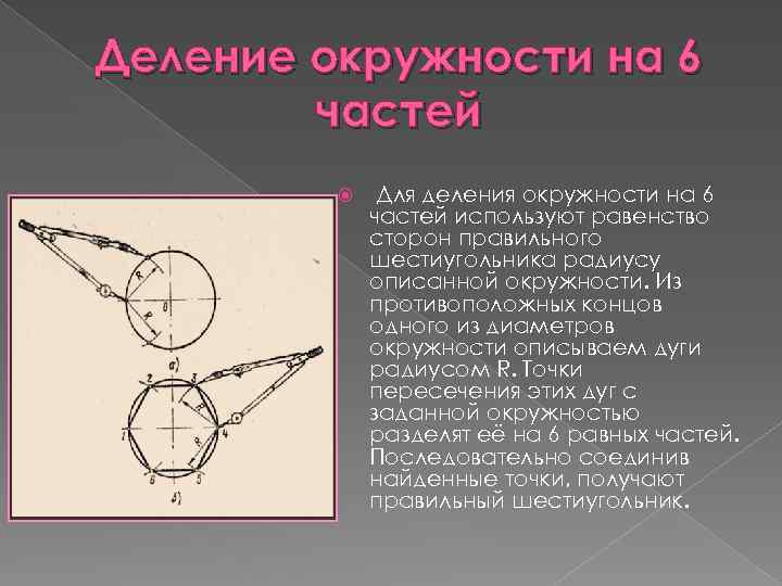 Деление окружности на 6 частей Для деления окружности на 6 частей используют равенство сторон