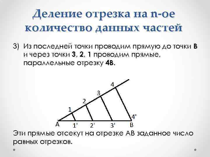 Деление отрезка на n-ое количество данных частей 3) Из последней точки проводим прямую до