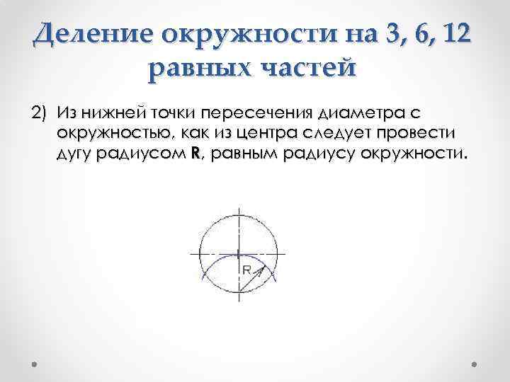 Деление окружности на 3, 6, 12 равных частей 2) Из нижней точки пересечения диаметра