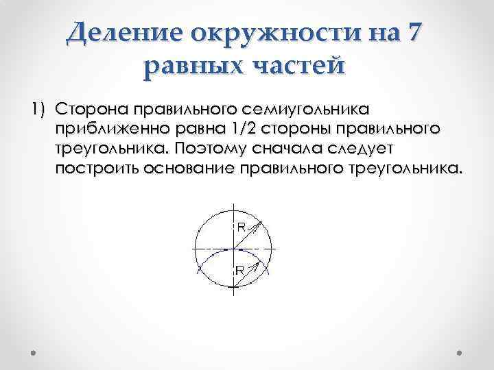 Деление окружности на 7 равных частей 1) Сторона правильного семиугольника приближенно равна 1/2 стороны