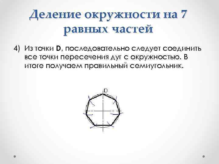 Деление окружности на 7 равных частей 4) Из точки D, последовательно следует соединить все